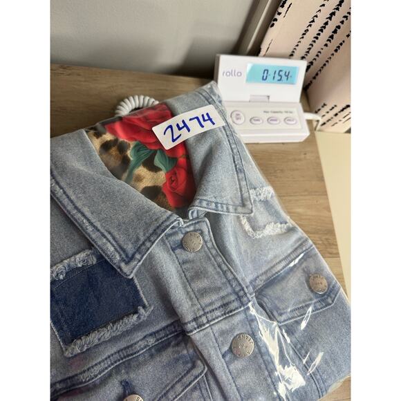 Talk of the Walk Denim Jacket L Frayed Hem Embroidered Roses Patchwork Leopard - Picture 10 of 10